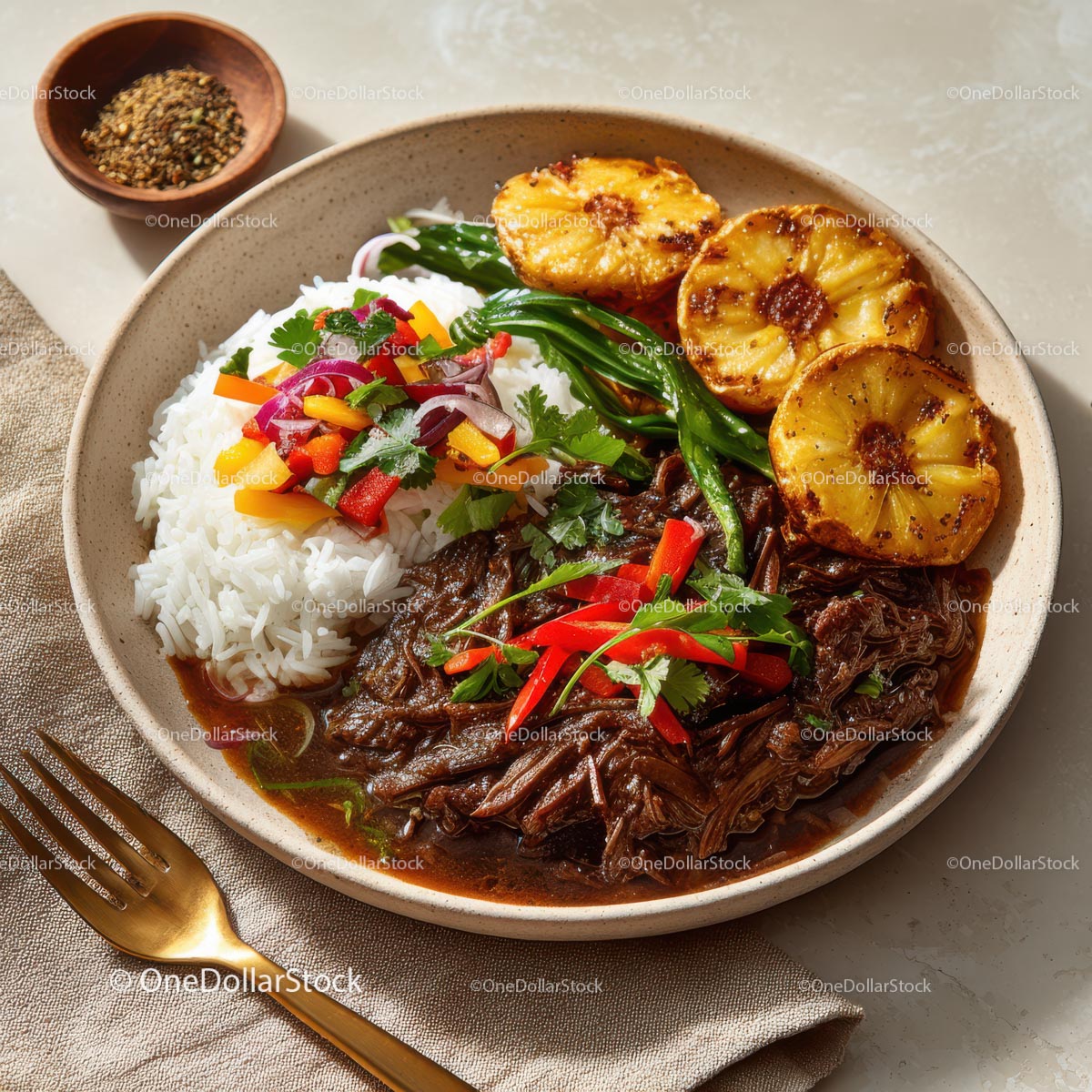 Savory Asian Dish with Rice, Vegetables, and Grilled Plantains