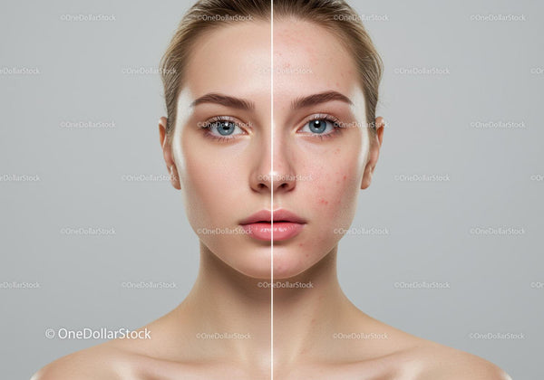 Close-Up of Young Woman's Face Showing Acne and Skin Transformation