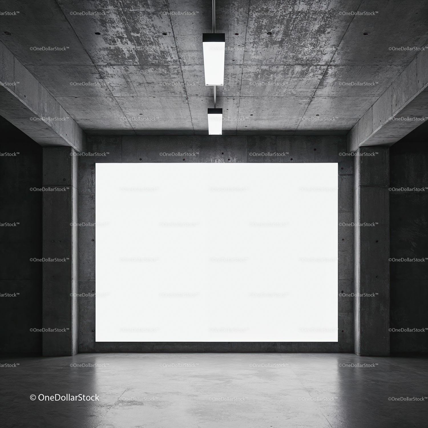 Minimalistic empty concrete room with large white screen