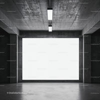 Minimalistic empty concrete room with large white screen