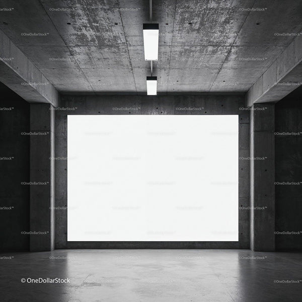 Minimalistic empty concrete room with large white screen JPG Mockup Image