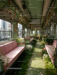 Vintage Green Tram With Pink Seats Surrounded by Overgrown Plants and Flowers