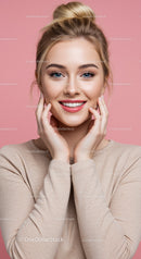 Portrait of a Smiling Blonde Woman with Blue Eyes in a Beige Sweater
