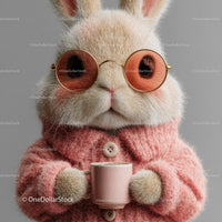 Cute Bunny Wearing Sunglasses and Cozy Pink Sweater Holding Coffee Mug