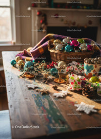 Cozy rustic table with Christmas decoration items