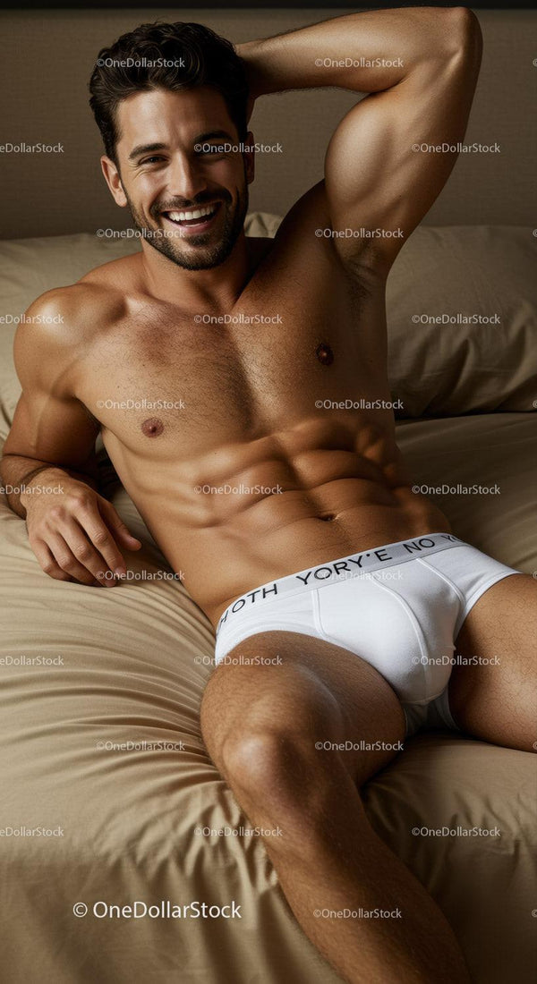 Smiling man relaxing on bed in white underwear