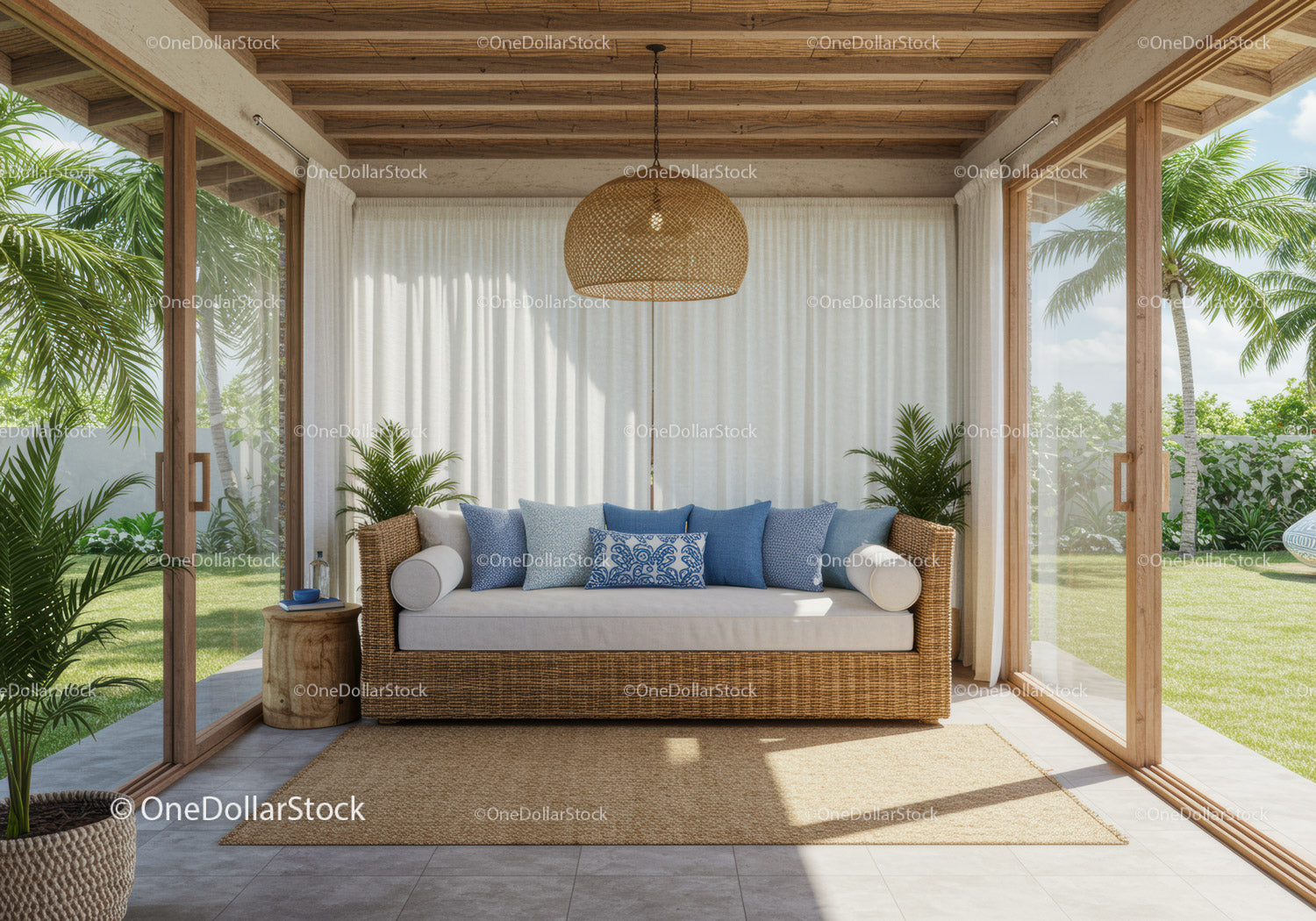 Przytulna sofa rattanowa z niebieskimi poduszkami na słonecznym patio
