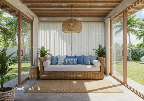 Cozy rattan sofa with blue cushions in sunlit patio