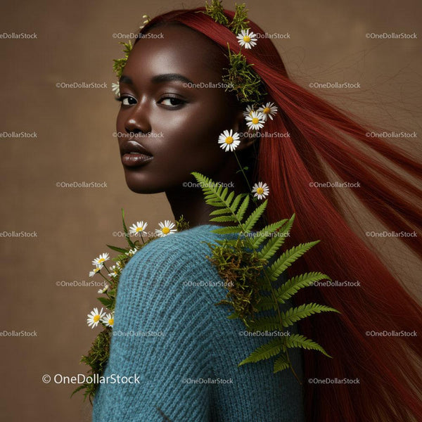 Elegant Woman with Red Hair and Floral Accessories in Studio
