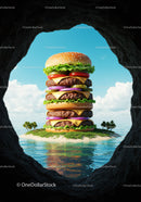 Giant cheeseburger tower on tropical island shore