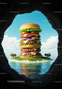 Giant cheeseburger tower on tropical island shore