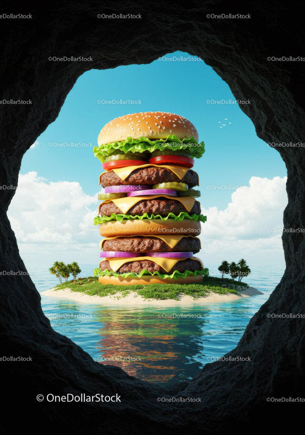 Giant cheeseburger tower on tropical island shore