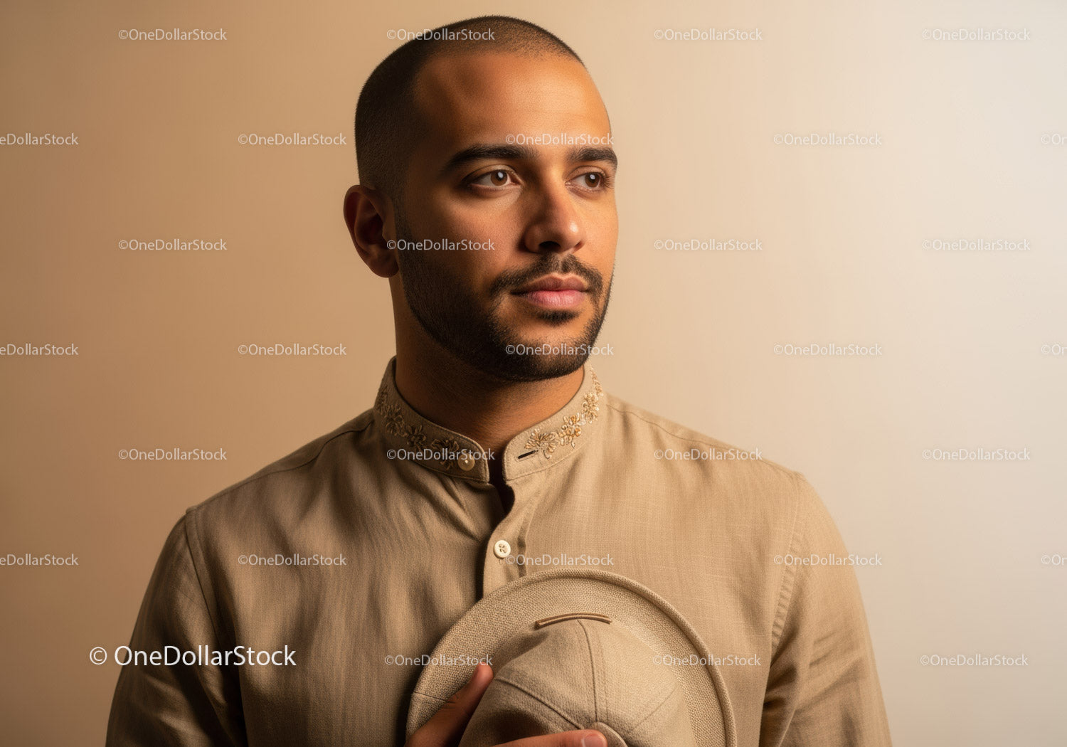 Elegant Male Portrait with Beige Shirt and Hat in Warm Tones