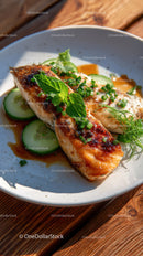Fresh Grilled Fish Fillet with Cucumber and Herb Garnishes