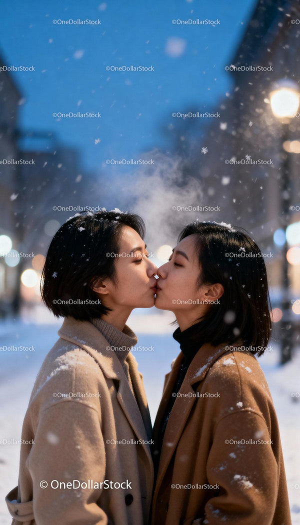 Tender kiss between couple in snowy urban evening