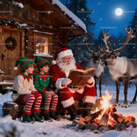 Santa Reading Story by Campfire with Elves and Reindeer