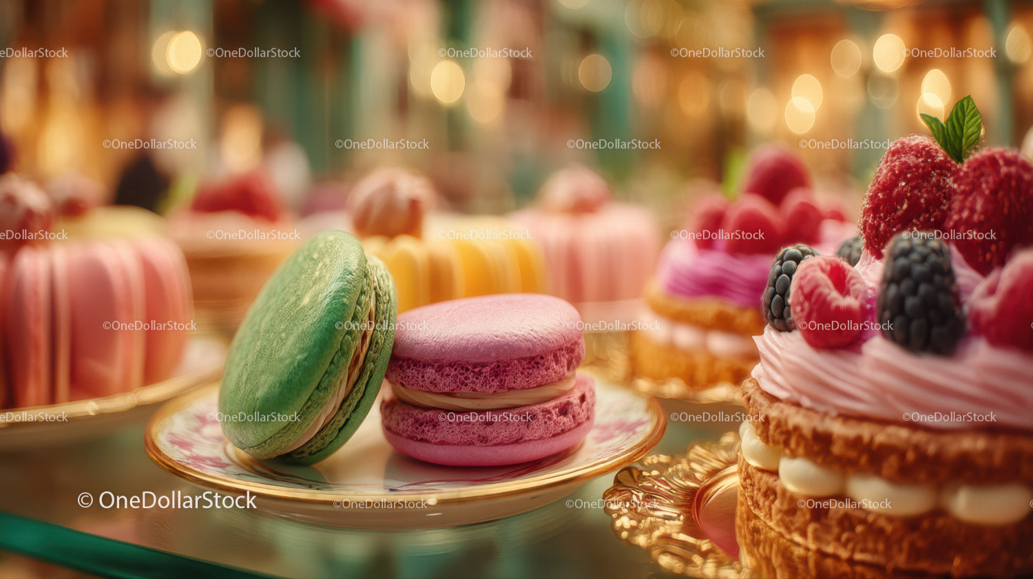 Colorful Macarons and Berry Topped Pastries in Elegant Display