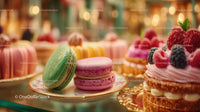 Colorful Macarons and Berry Topped Pastries in Elegant Display