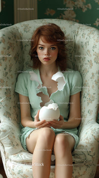 Young Woman Tearing Paper and Holding Egg in Vintage Room