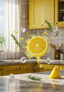 Fresh lemon slice splashing with ice and rosemary