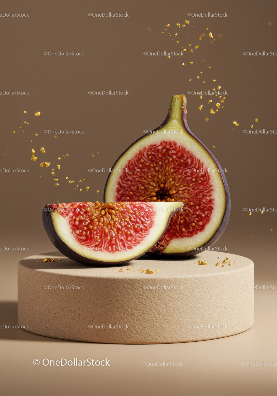 Fresh ripe fig sliced on beige textured pedestal