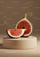 Fresh ripe fig sliced on beige textured pedestal
