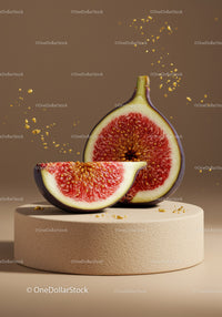 Fresh ripe fig sliced on beige textured pedestal