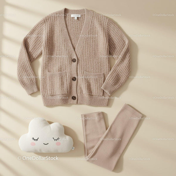 Cozy beige knitted cardigan with soft cloud pillow