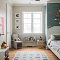 Bright Children's Bedroom with Colorful Rug and Playful Decor