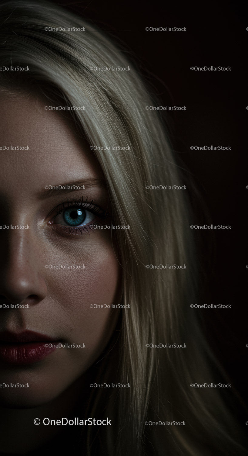 Close up of thoughtful young woman with blue eyes