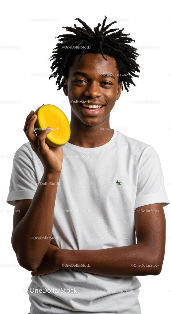 Young Man Enjoying Fresh Ripe Mango Cherry Fruit in Casual Setting