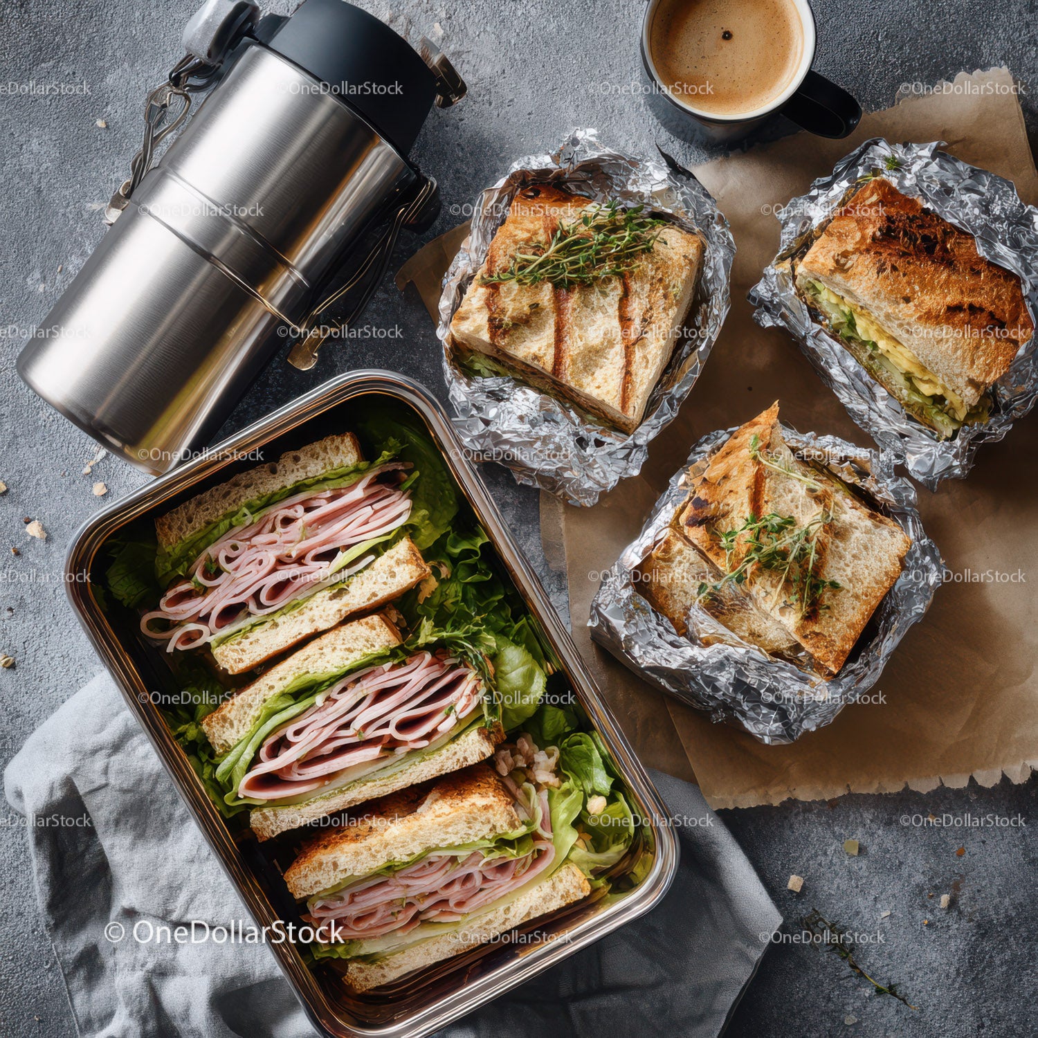 Ham and Lettuce Sandwiches with Coffee and Fresh Herbs
