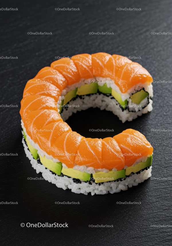 Fresh salmon avocado sushi roll on dark background
