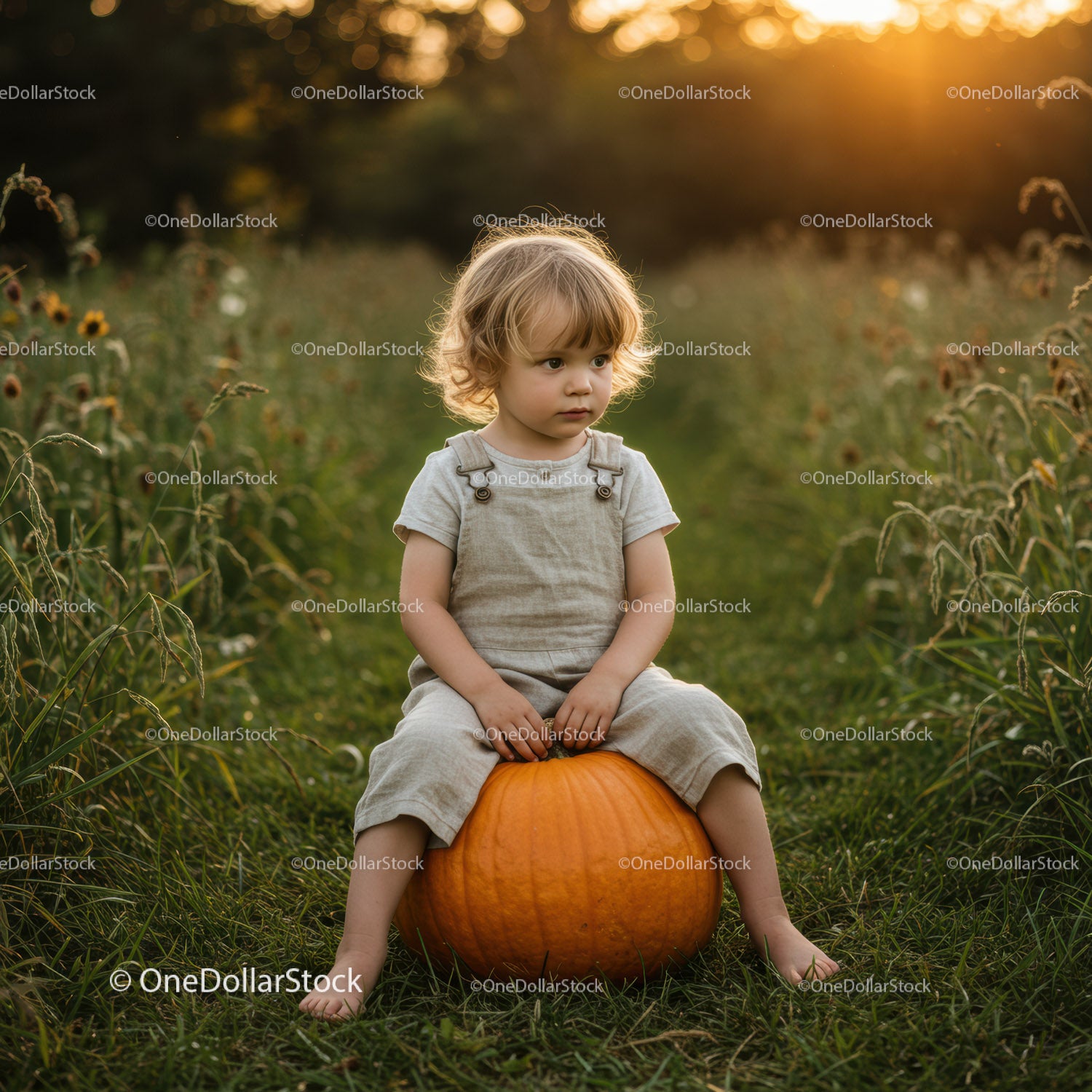 Toddler sitting on pumpkin in sunlit autumn field