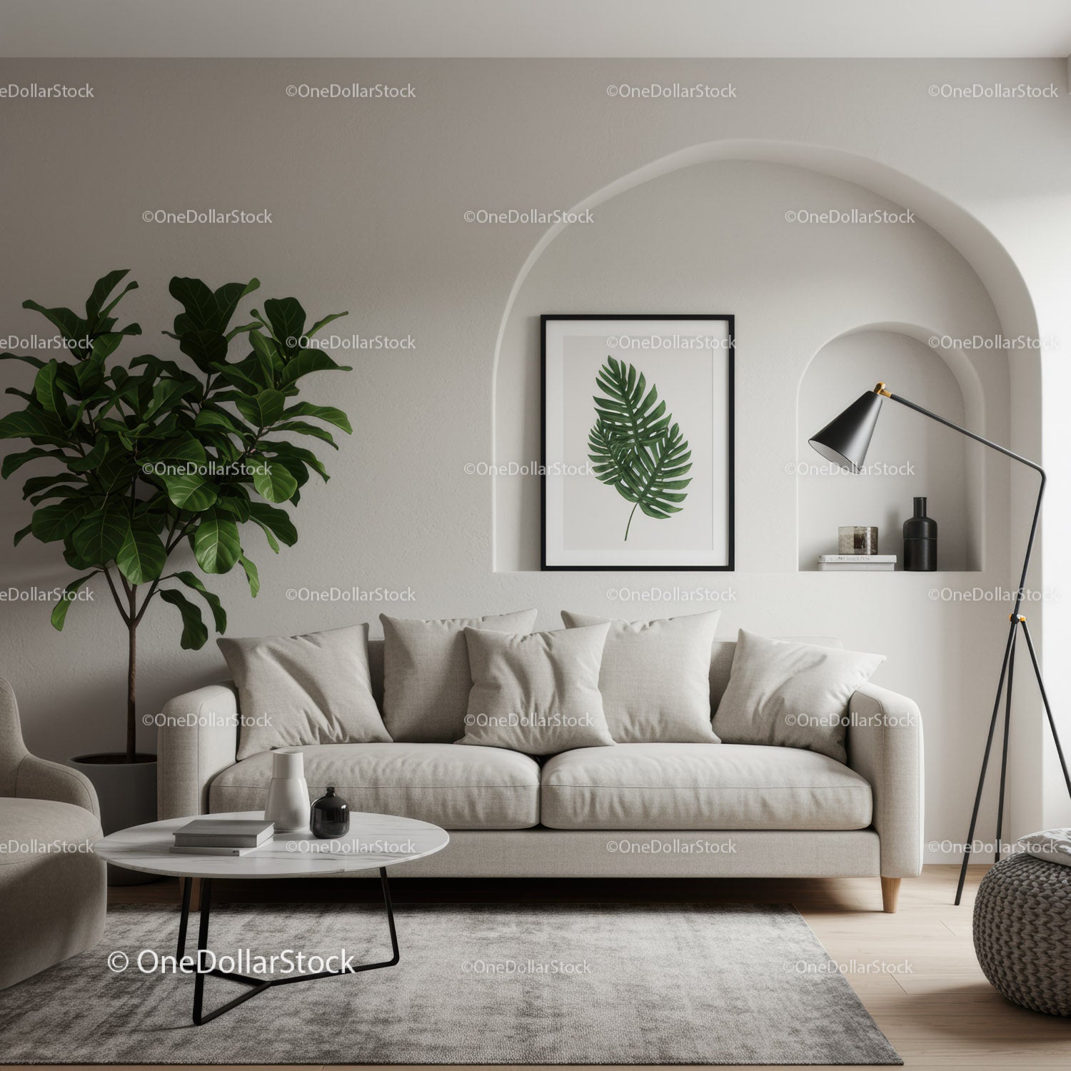 Neutral toned living room with greenery and modern décor