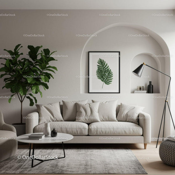 Neutral toned living room with greenery and modern décor