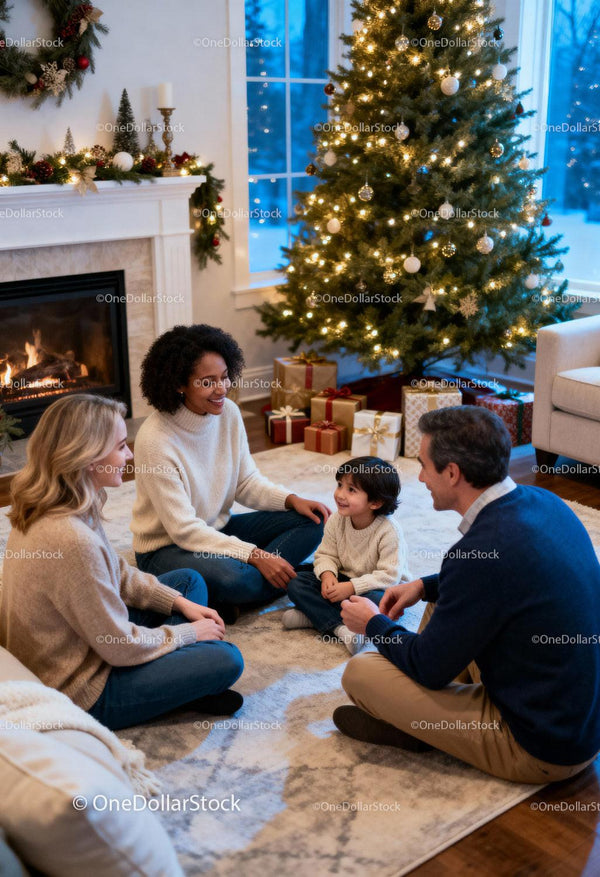 Joyful family enjoying holiday time by decorated Christmas tree