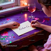 Child writing a heartfelt love note on purple desk