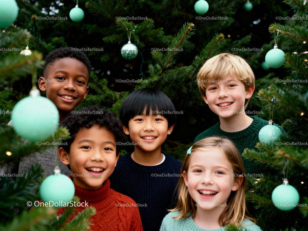 Happy multicultural kids smiling among Christmas trees