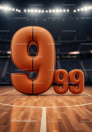 Basketball shaped number nine and ninety nine on court