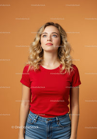 Young woman with curly hair looking upward thoughtfully