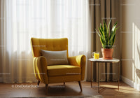 Cozy yellow armchair with indoor plant and juice