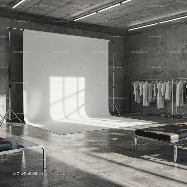 Minimalist Fashion Studio with White Backdrop and Clothing JPG Mockup Image
