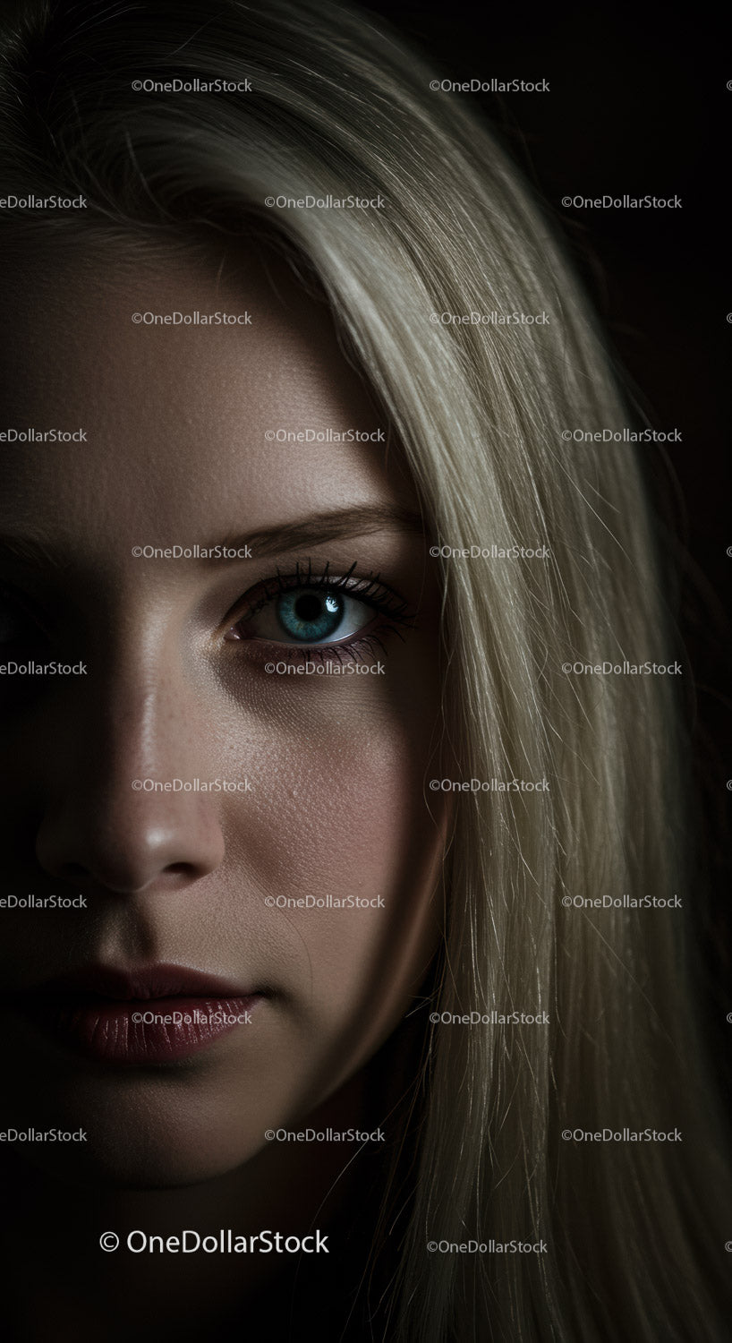 Close up of woman with blue eyes and blonde hair in shadow