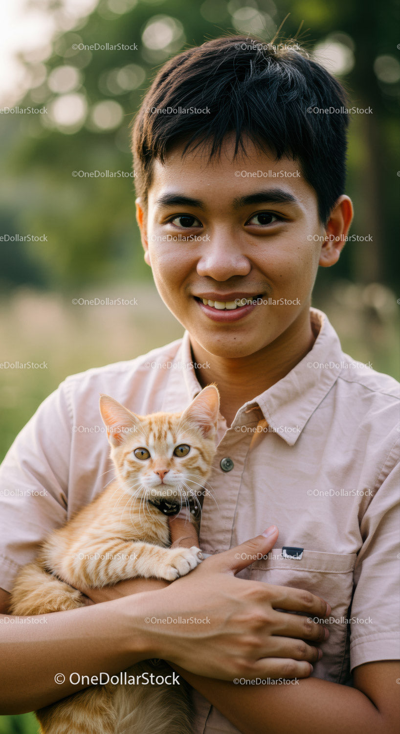 Young man warmly holding a ginger cat outdoors