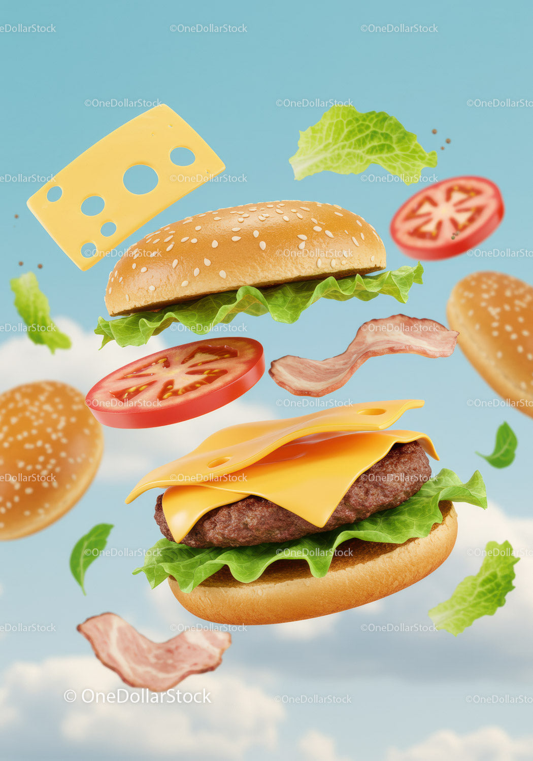 Deconstructed Cheeseburger Ingredients Floating Against Sky