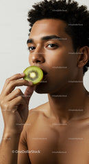 Young Man Enjoying Fresh Kiwi Slice in Modern Portrait