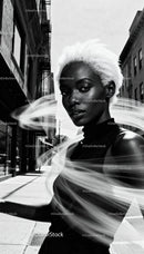 Confident woman with striking white hair in urban setting