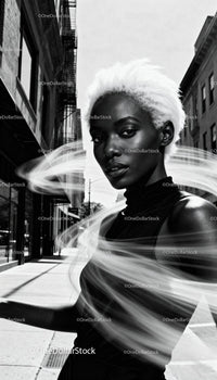 Confident woman with striking white hair in urban setting