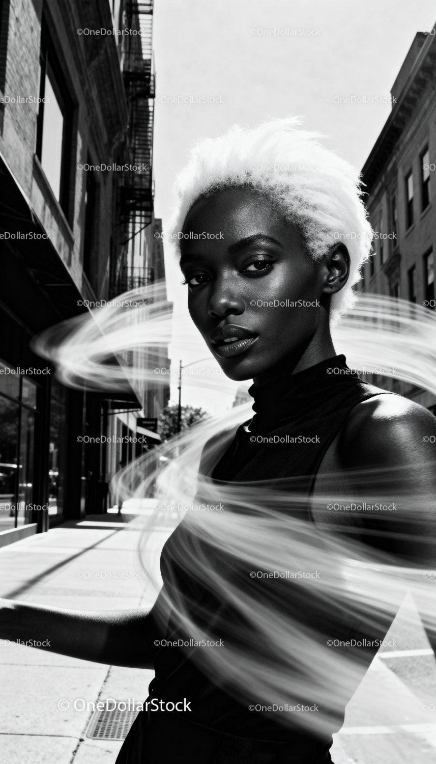 Confident woman with striking white hair in urban setting